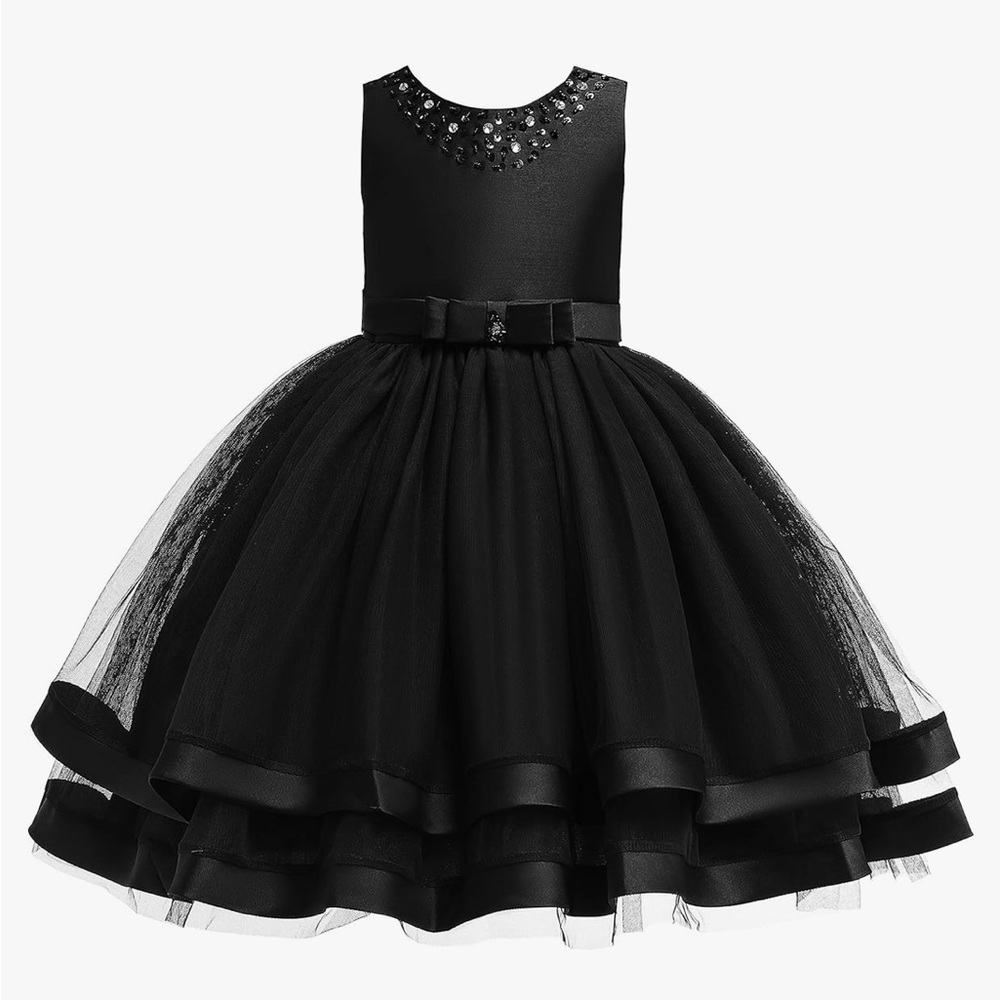 Black Flower Girls Tulle Sequins Formal